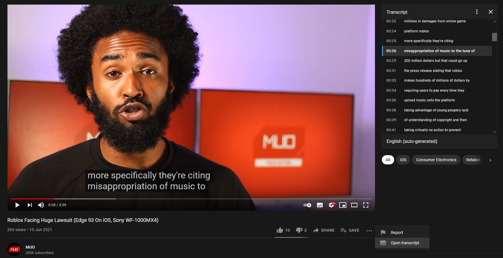 youtube open transcript captions