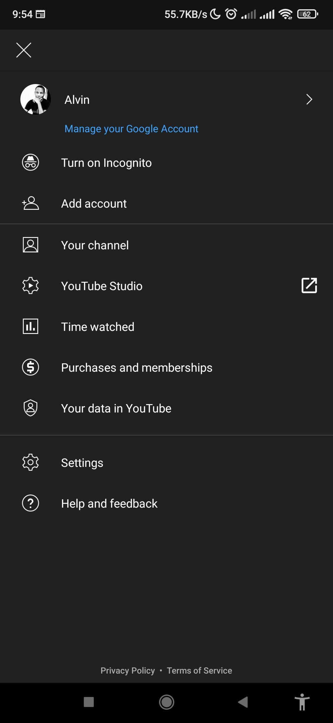 YouTube menu on Android