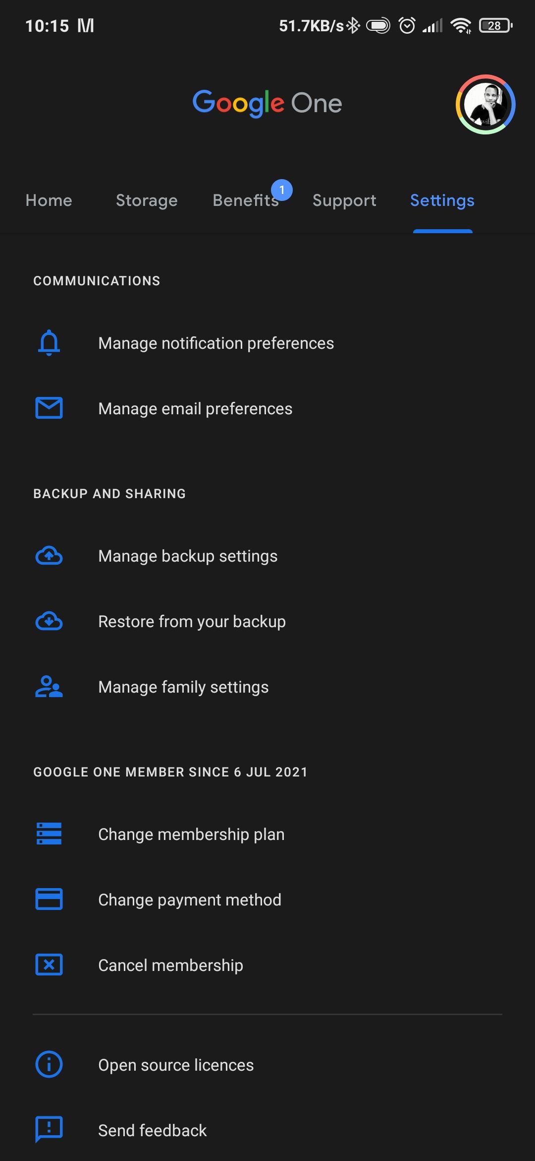 Google One Android app Settings tab