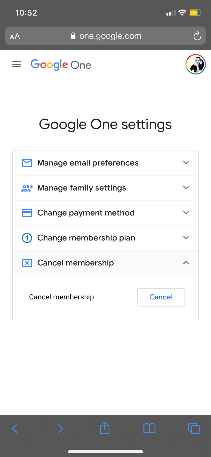 Google One settings page on web