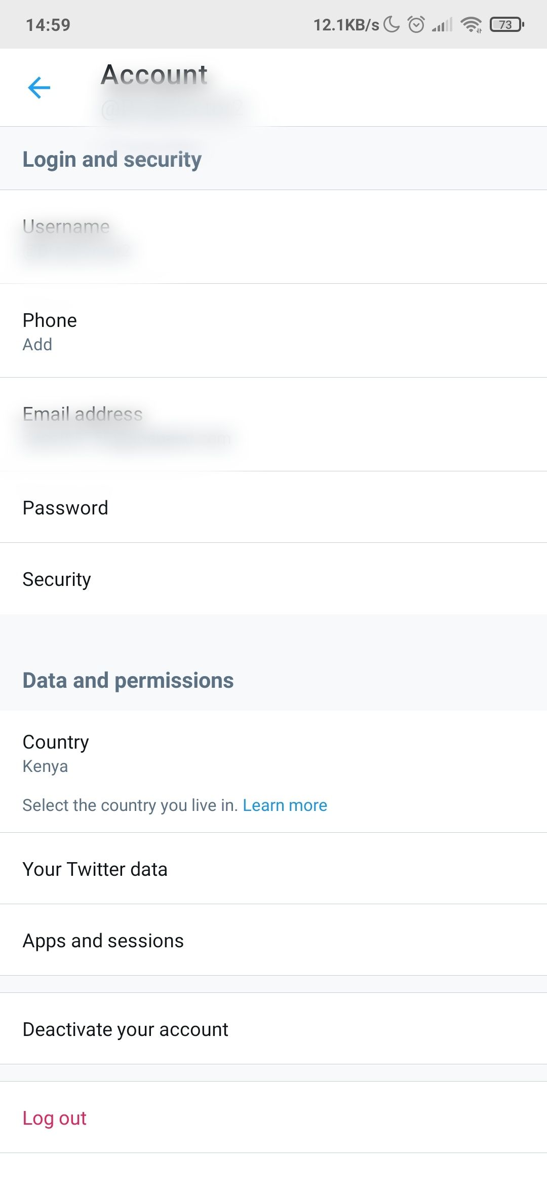 Settings and privacy page on Twitter mobile