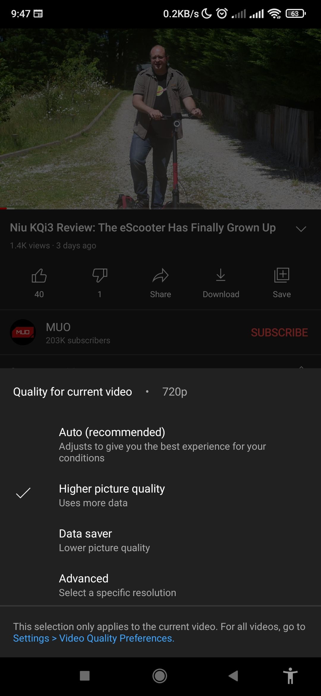 YouTube basic video quality options