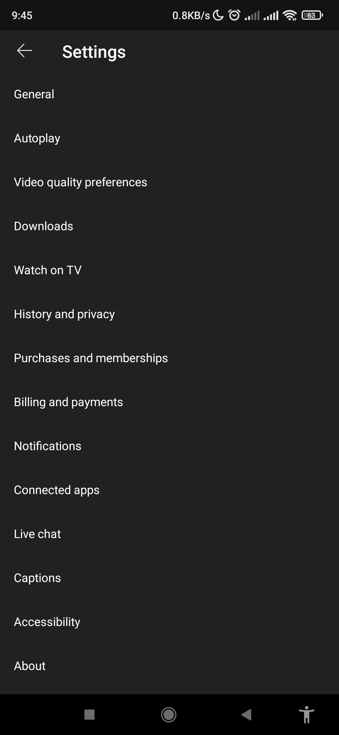 YouTube settings page on mobile