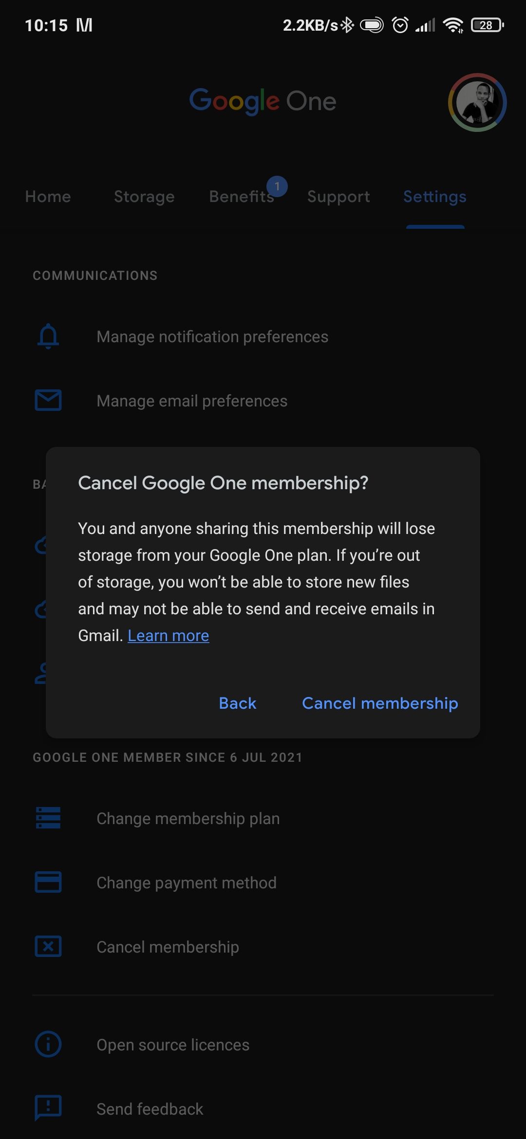Cancel Google One membership confirmation pop-up