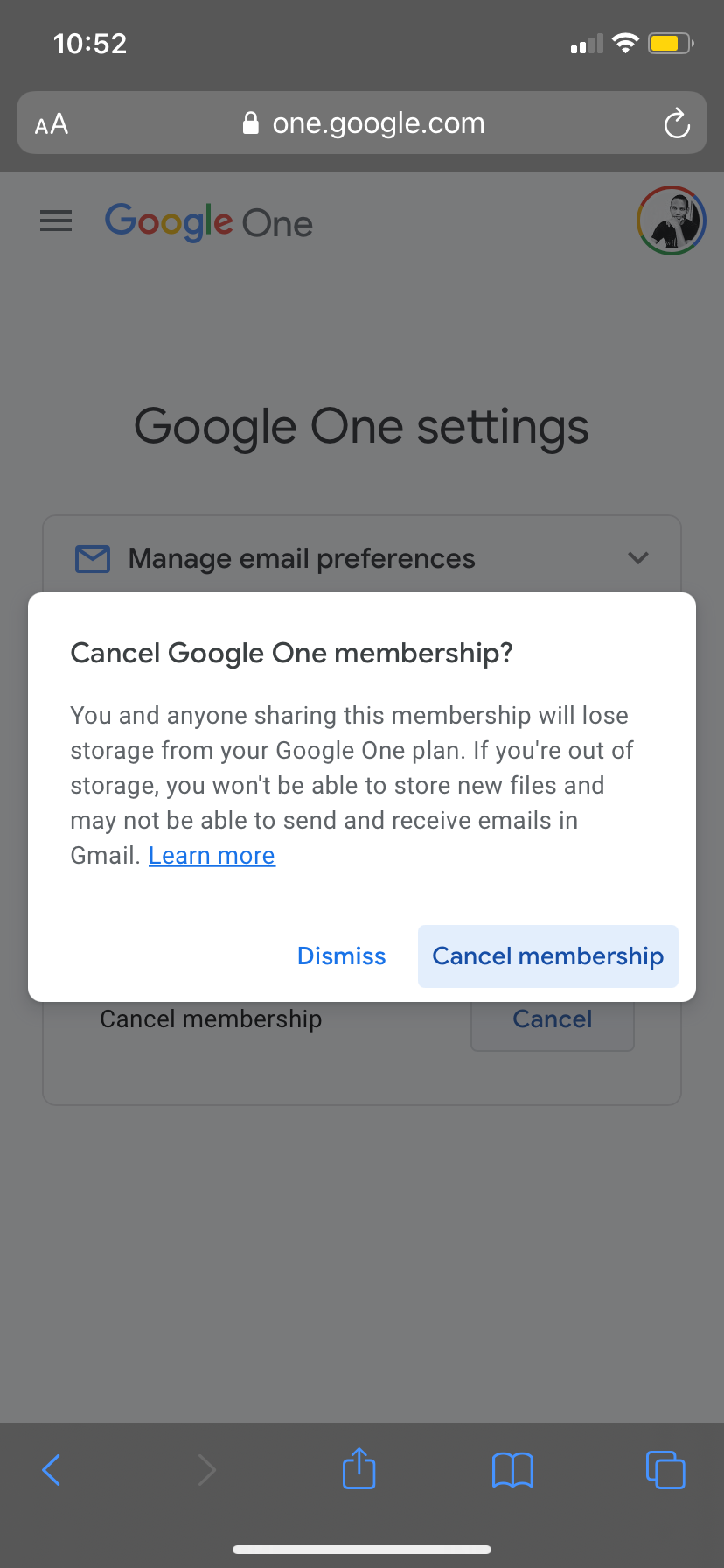 Cancelling Google One on iOS via browser