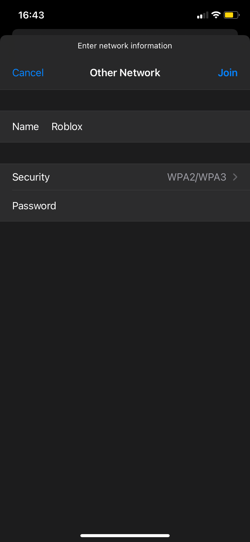 Page to enter a hidden Wi-Fi network's name, security type and, password
