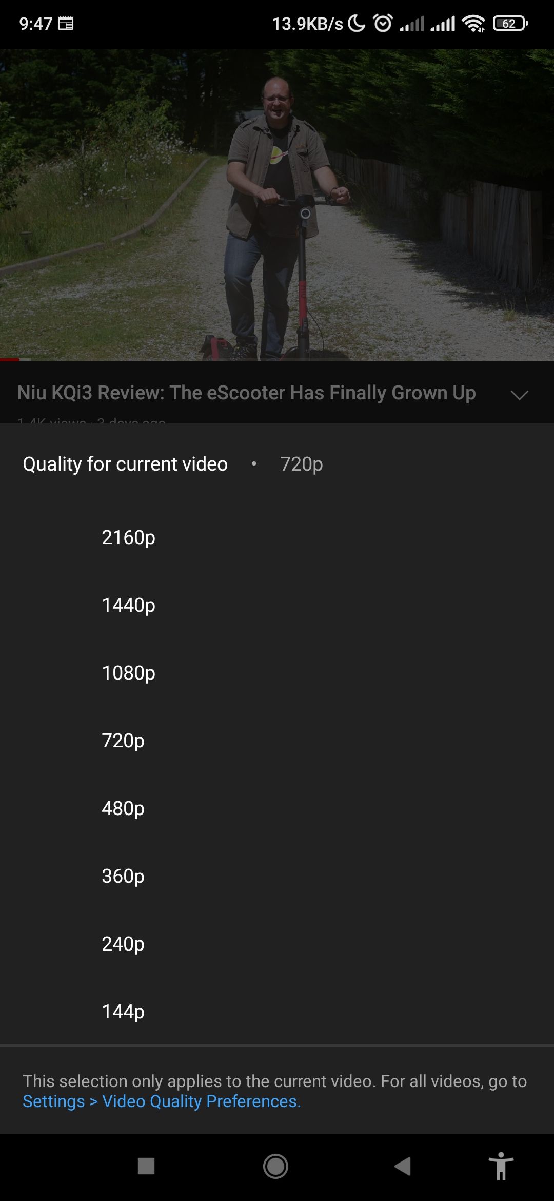 YouTube video quality options