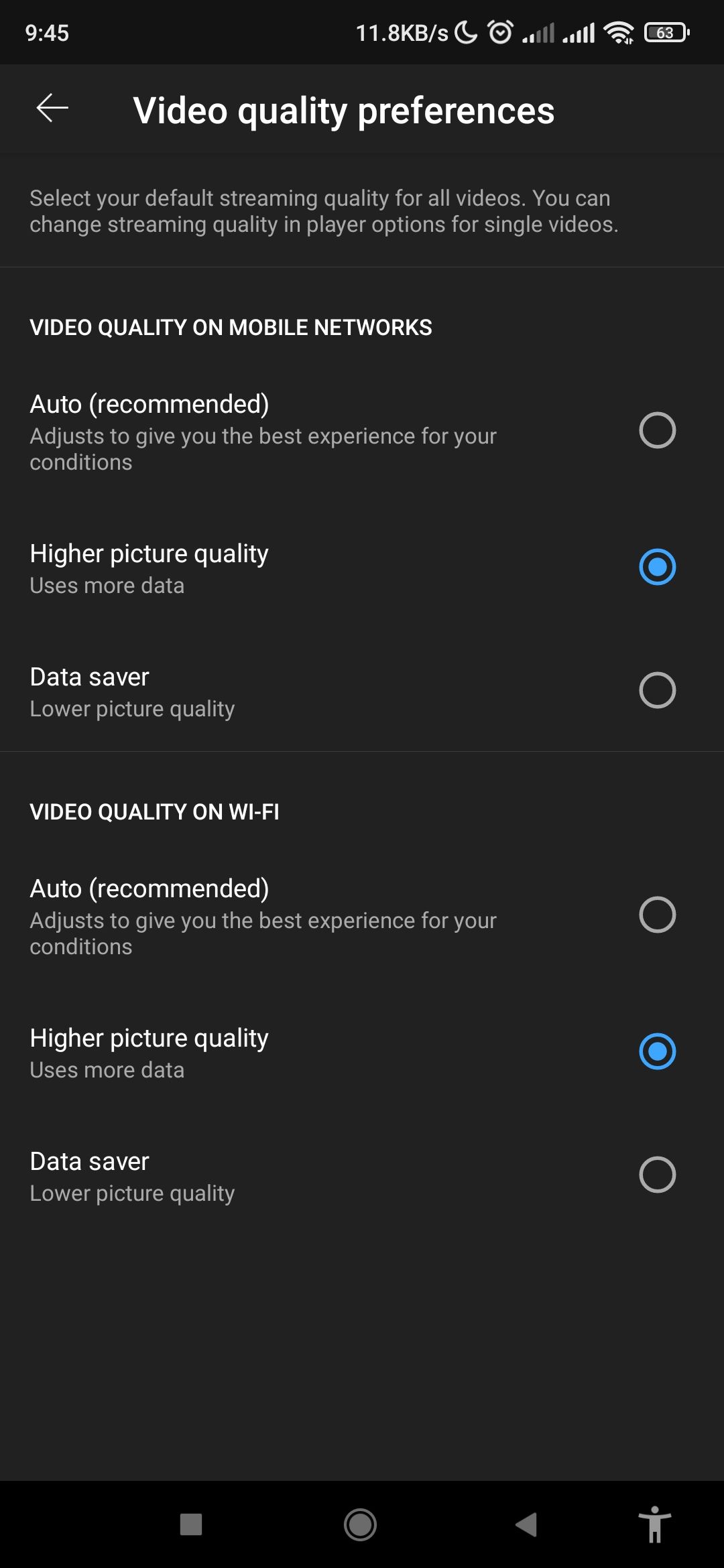 YouTube video quality setting options on mobile