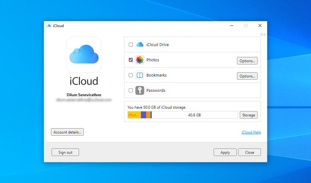 iCloud app on Windows desktop.