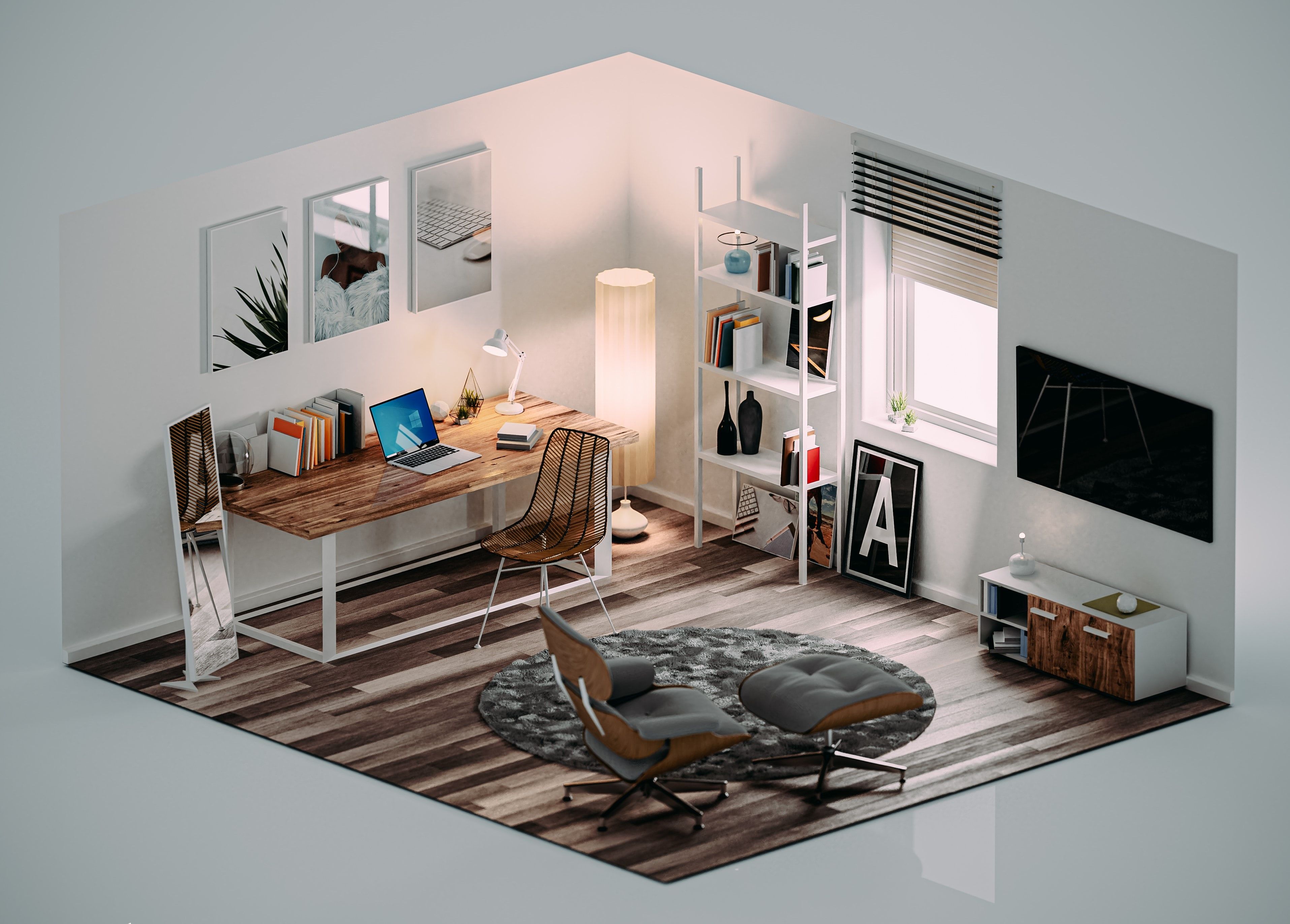 An interesting 3D model of a study or living room, designed using animation or CAD software