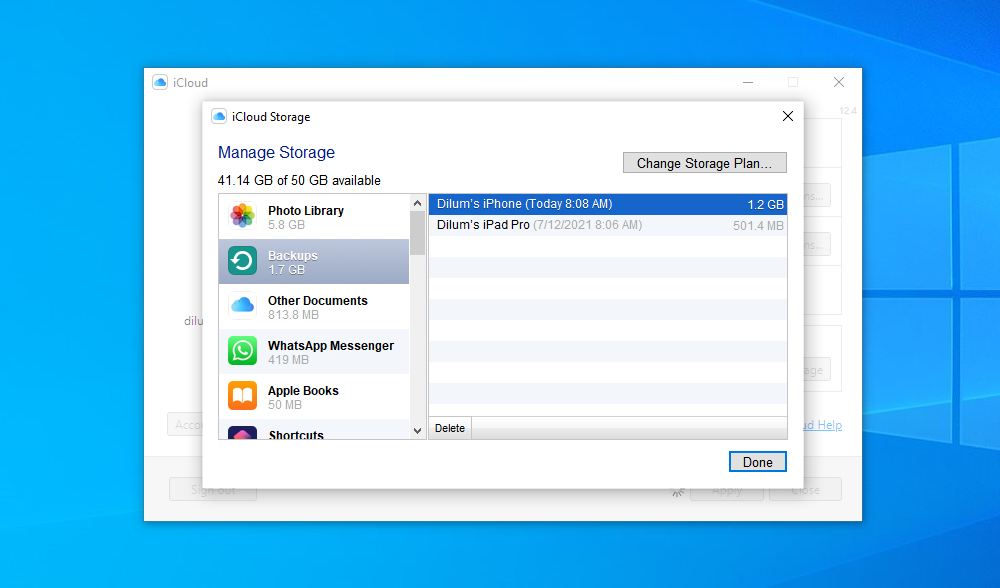 Managing iCloud storage on Windows.