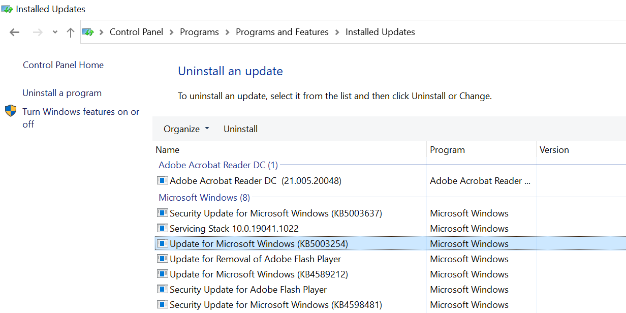Desinstalar actualizaciones de Windows 10