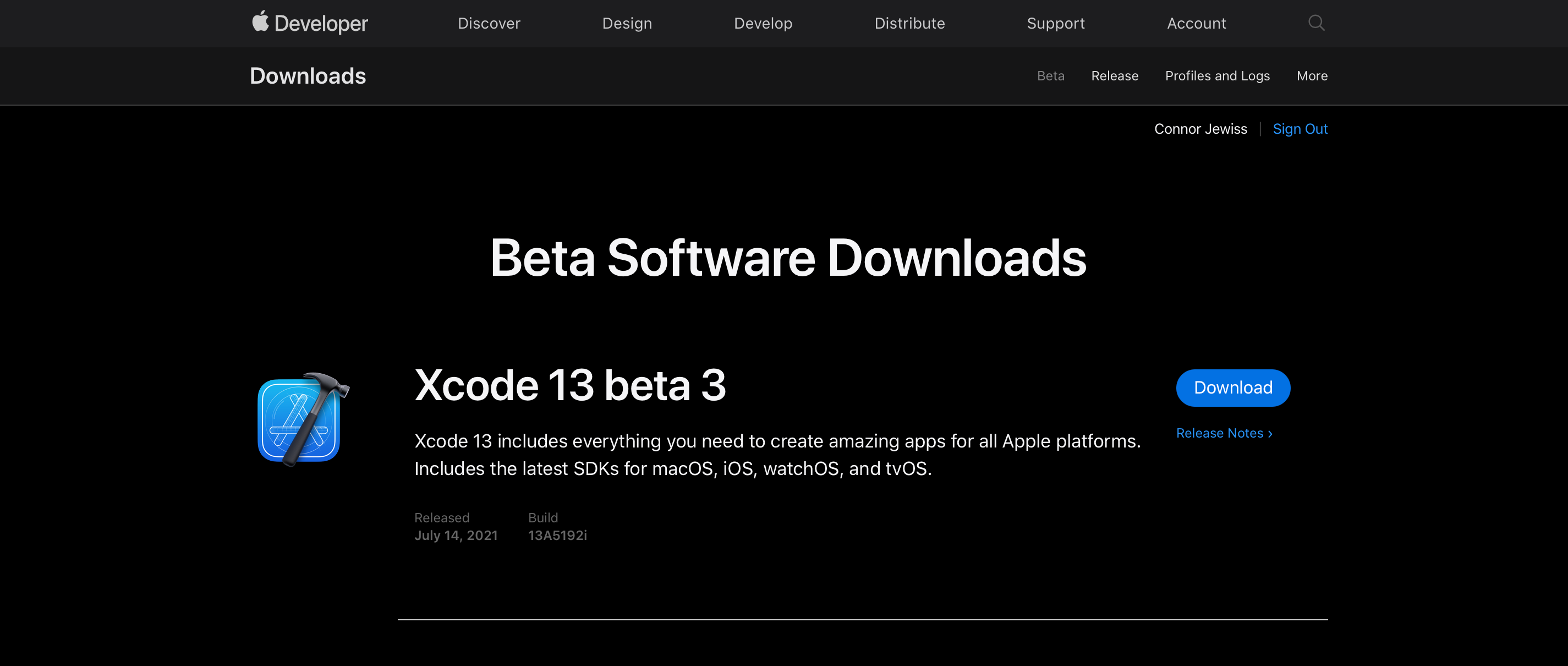 Screenshot of Apple's developer software download page.