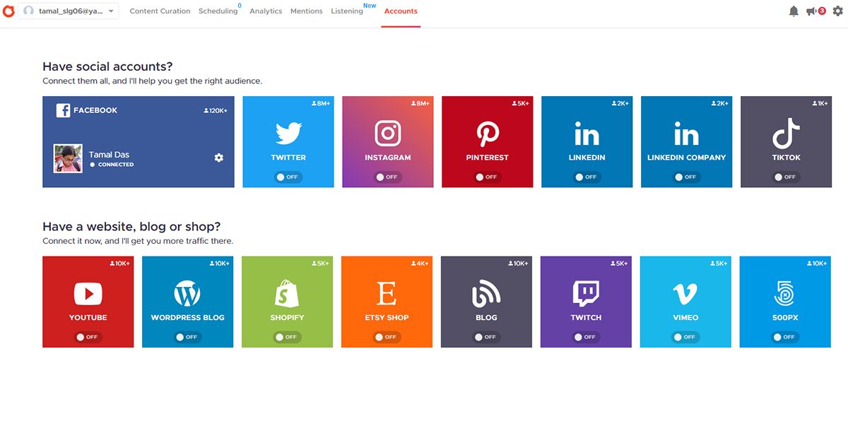 Image showing managing social media accounts from Crowdfire web app