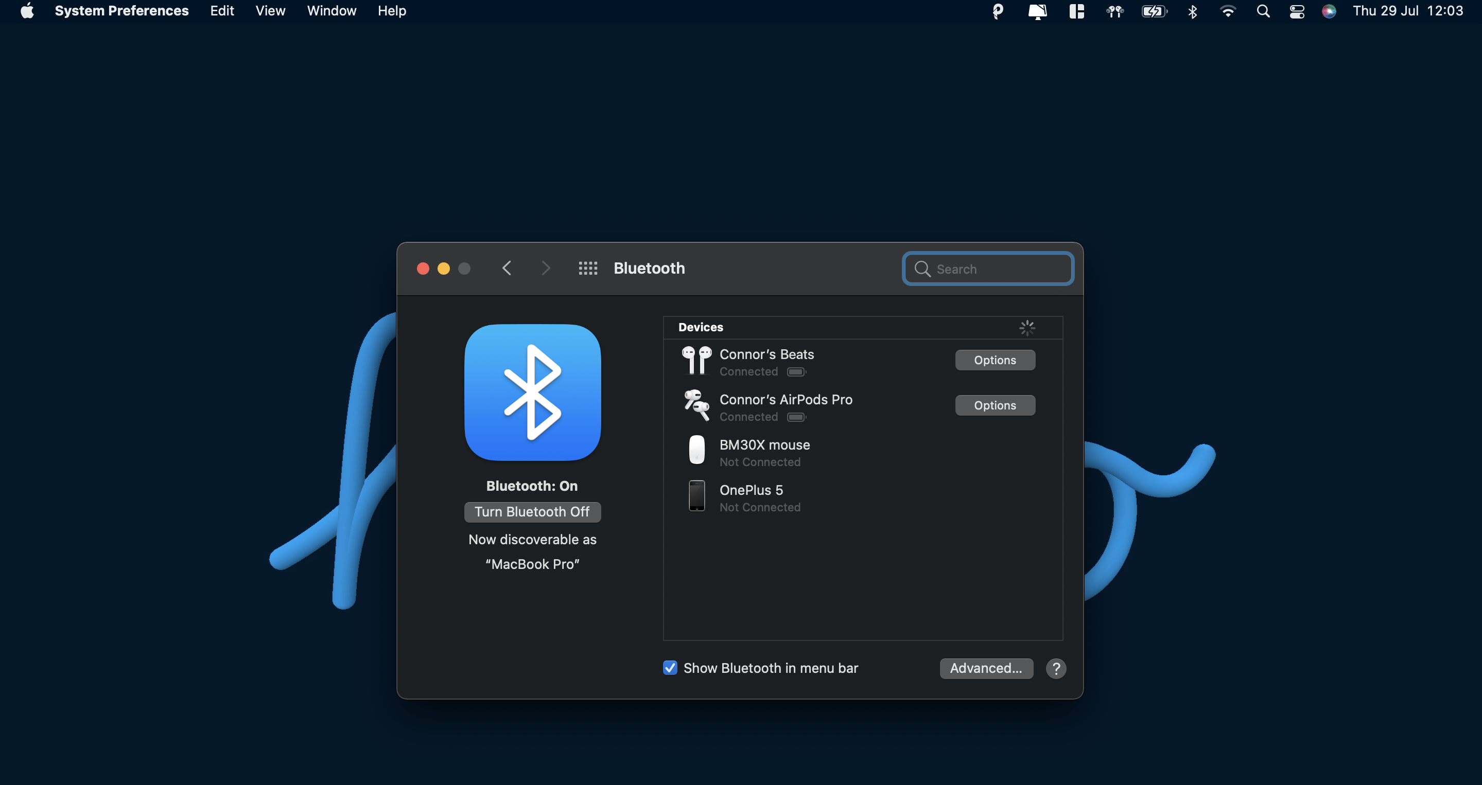 Screenshot of Bluetooth device list on Mac.
