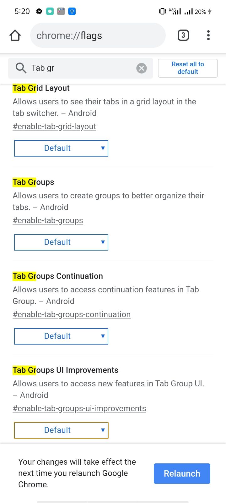 Changing Tab Flags Status Back To Default On Chrome Flags Page