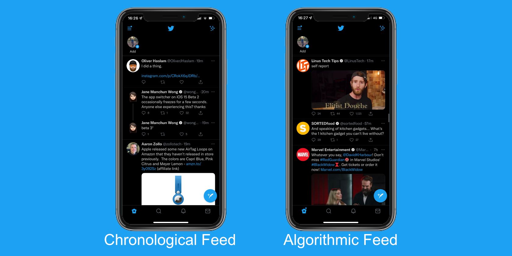 A comparison between chronological and algorithmic feeds on Twitter.