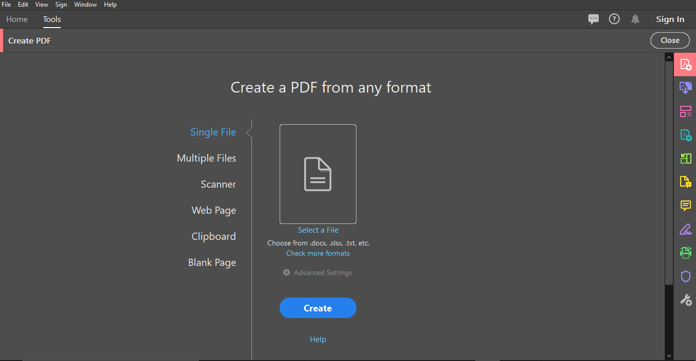 Create a pdf from any format window