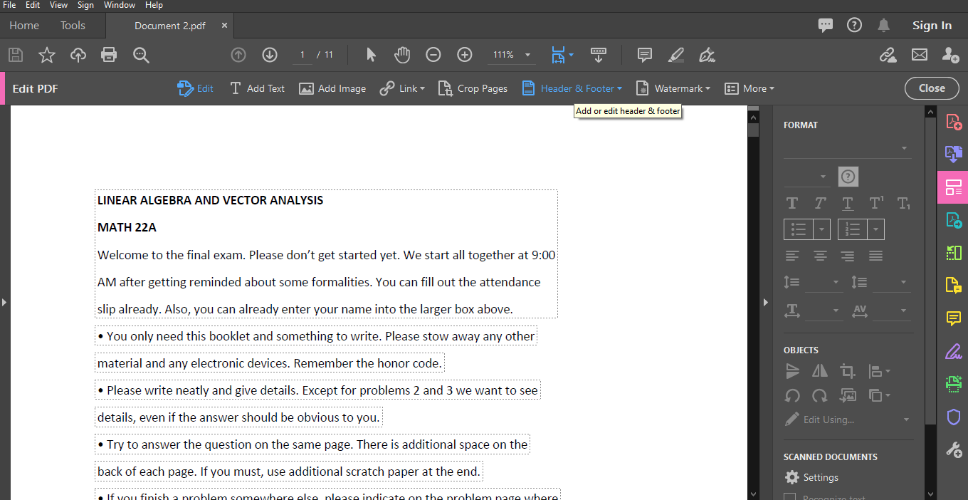 Edit PDF tools, Headers and Footers option