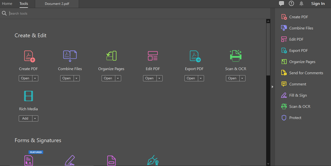 Adobe Tools options, create &amp; edit
