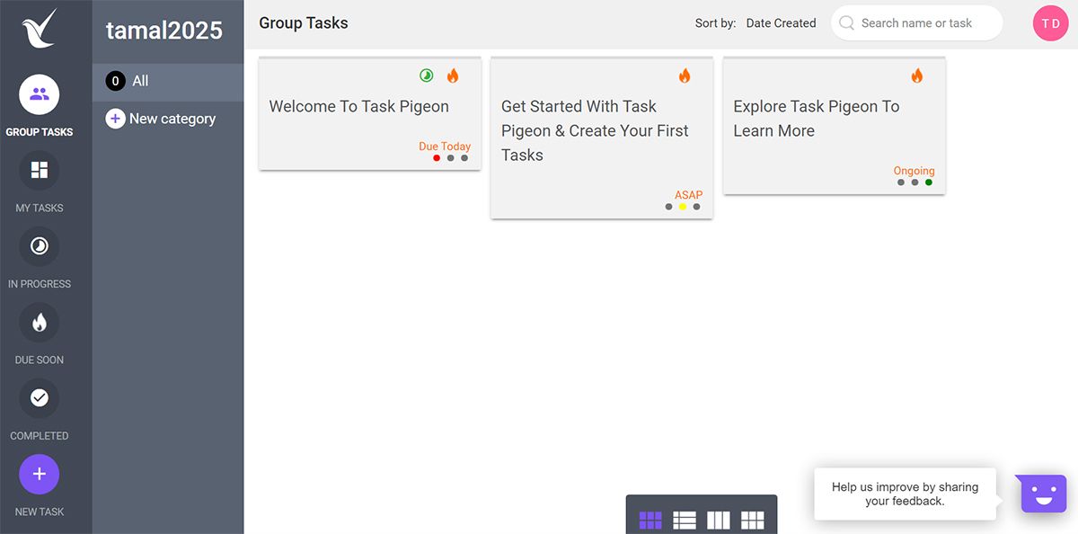 Display of Task Pigeon dashboard