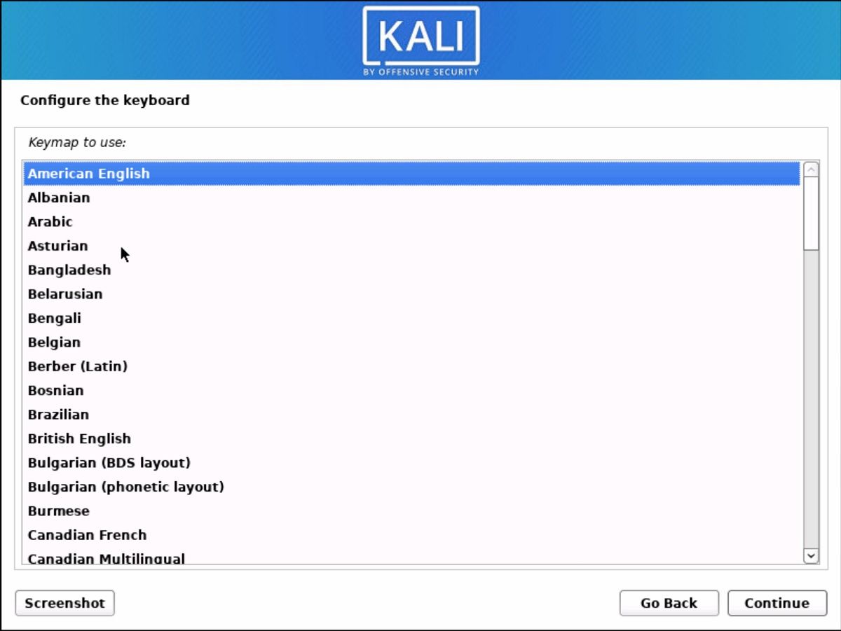 Configure the keyboard for Kali installation