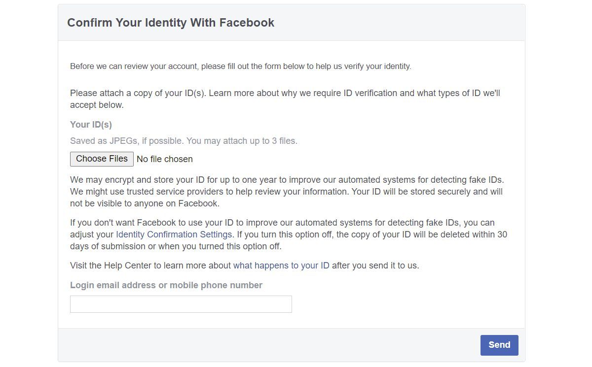 Отправьте идентификатор, чтобы подтвердить свою личность и восстановить свою учетную запись Facebook.