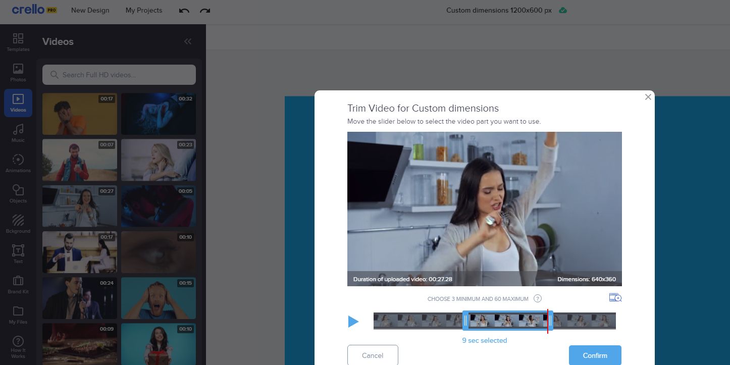 Video resizing interface of Crello editor