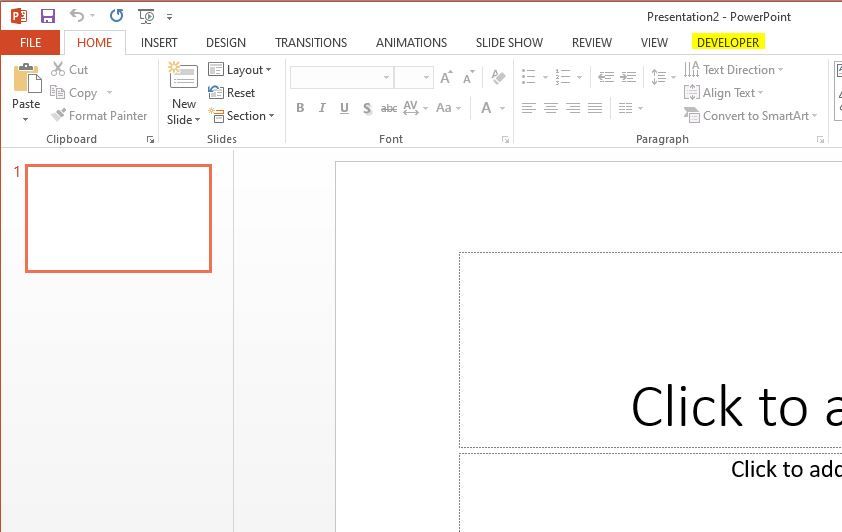 Developer tab added on the main options window in PowerPoint