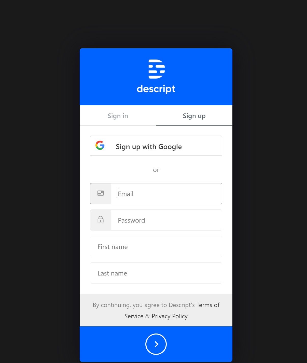 Descript-sign-in- page