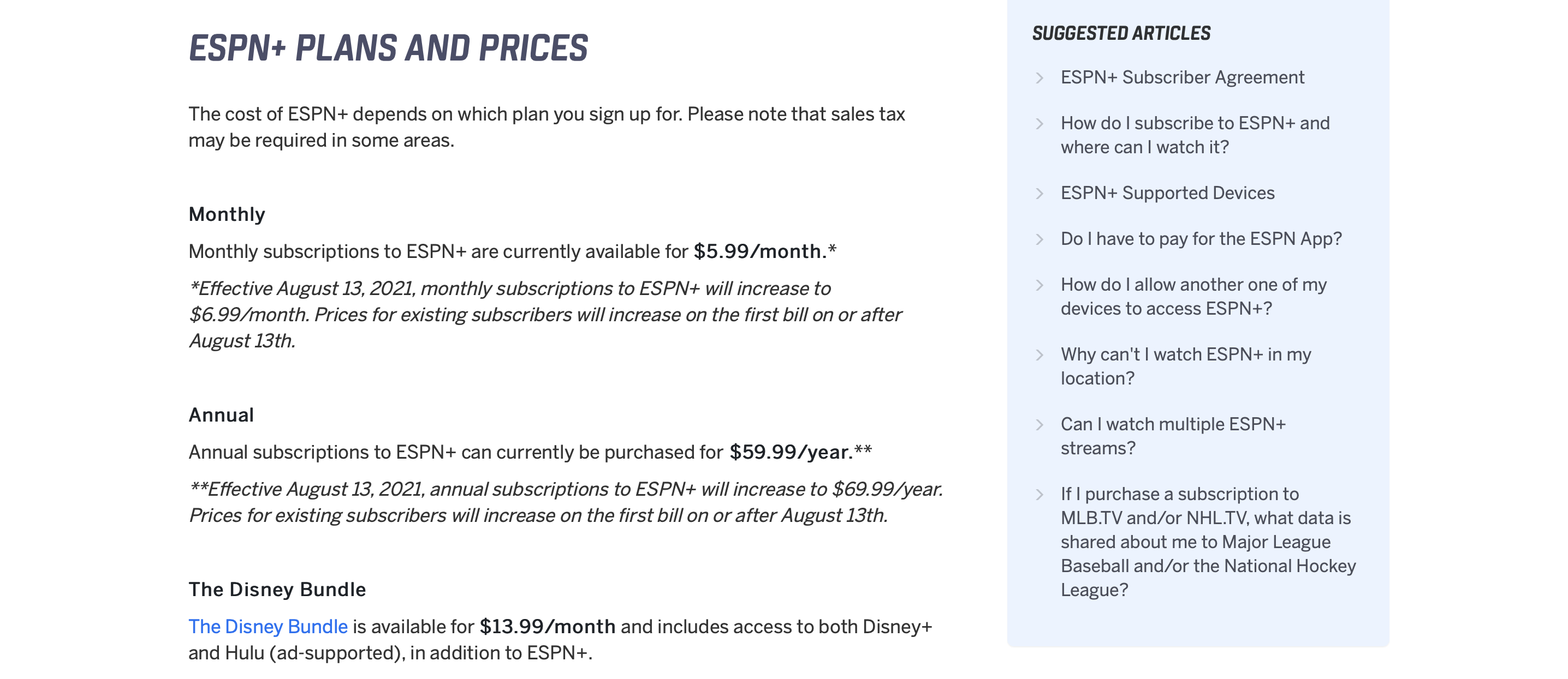 Screenshot of ESPN+'s FAQ page confirming the price changes