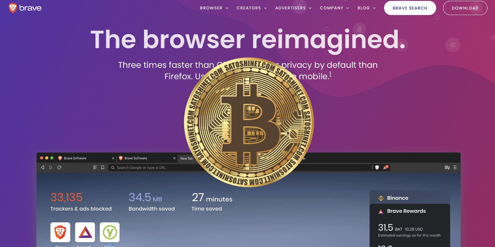 Screenshot of Brave's website with a Bitcoin in the foreground.