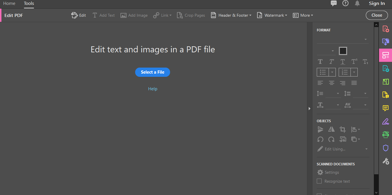 Edit PDF window with options