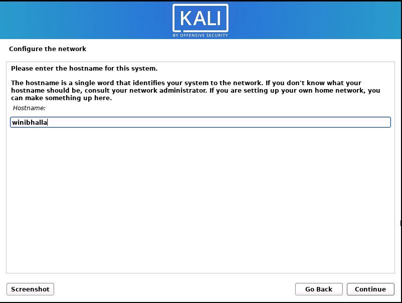 Enter your hostname for Kali OS