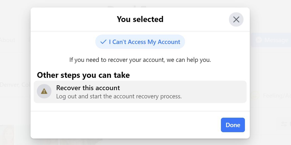 Facebook Recover this account menu after selection "I Can't Access My Account" option from previous menu.