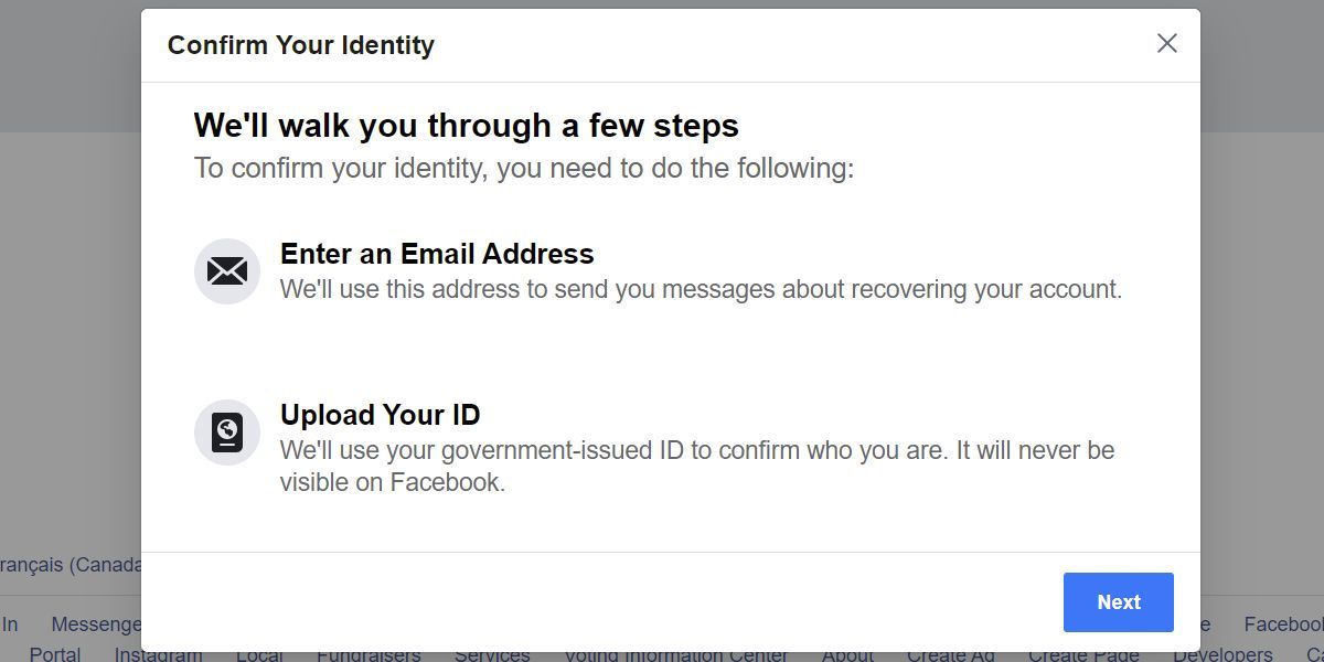 Confirm your identity using an email address or ID.