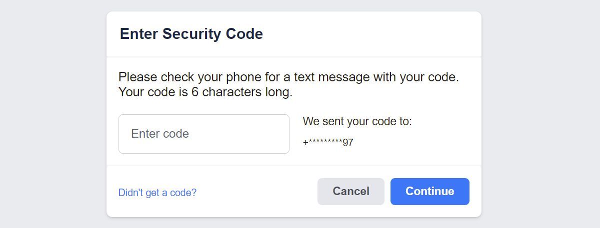Facebook Введите меню кода безопасности, чтобы восстановить учетную запись.