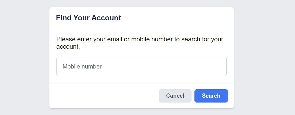 Facebook Find Your Account menu