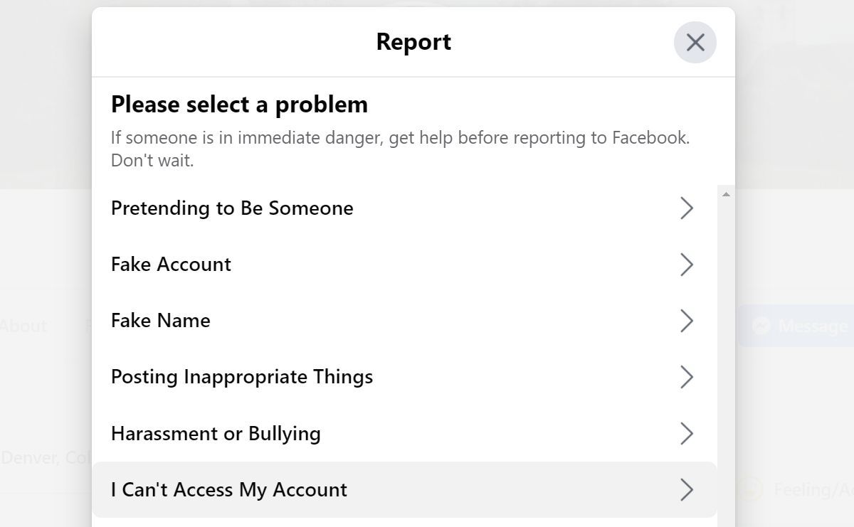Menu to report problems with an account, including "I Can't Access My Account" option for recovery.