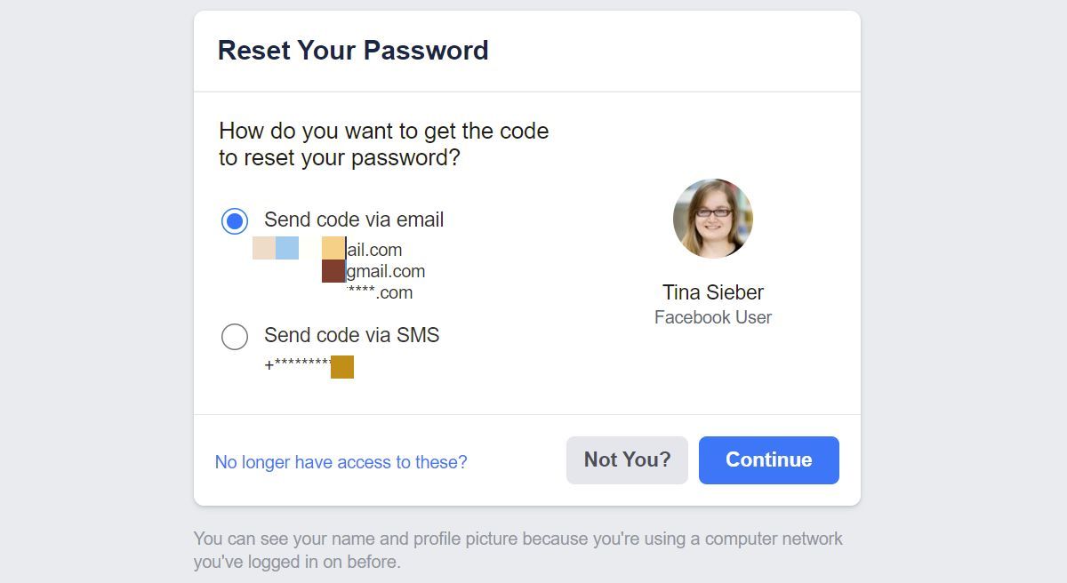 Facebook Сбросьте свой пароль после обнаружения учетной записи на основе адреса электронной почты, номера телефона или имени пользователя.