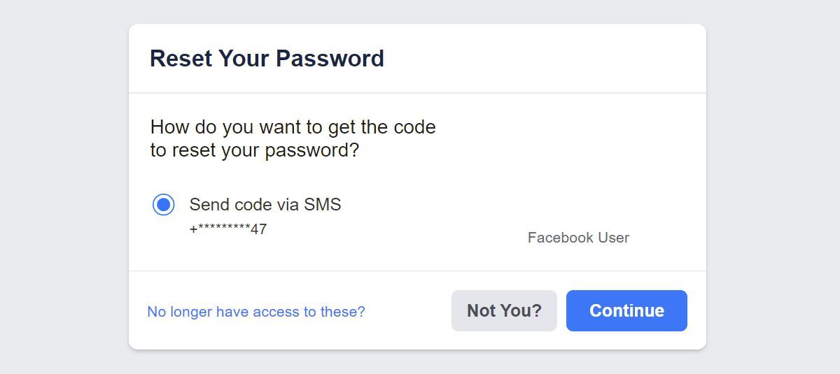 Меню сброса пароля Facebook