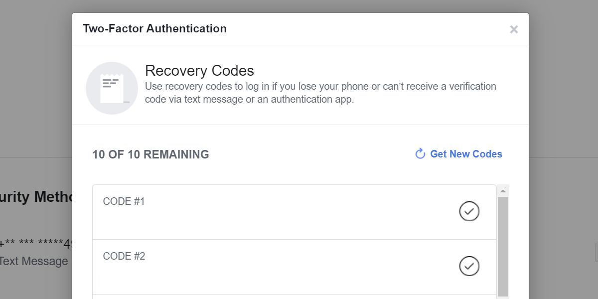 Facebook recovery codes remaining.