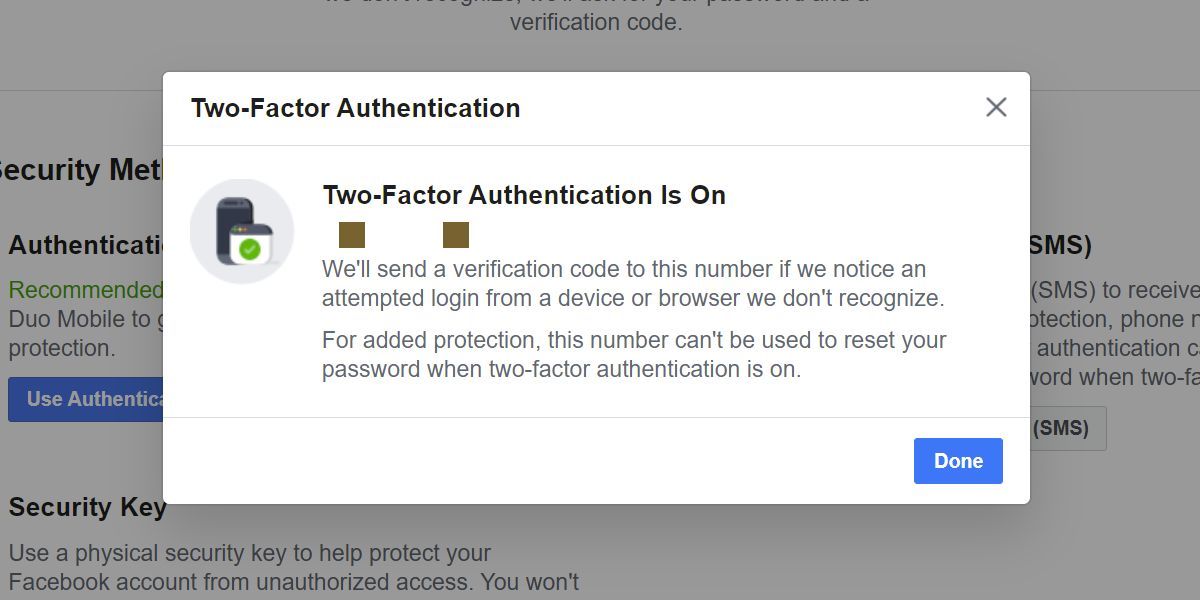 Facebook confirmation that two-factor authentication was turned on successfully.