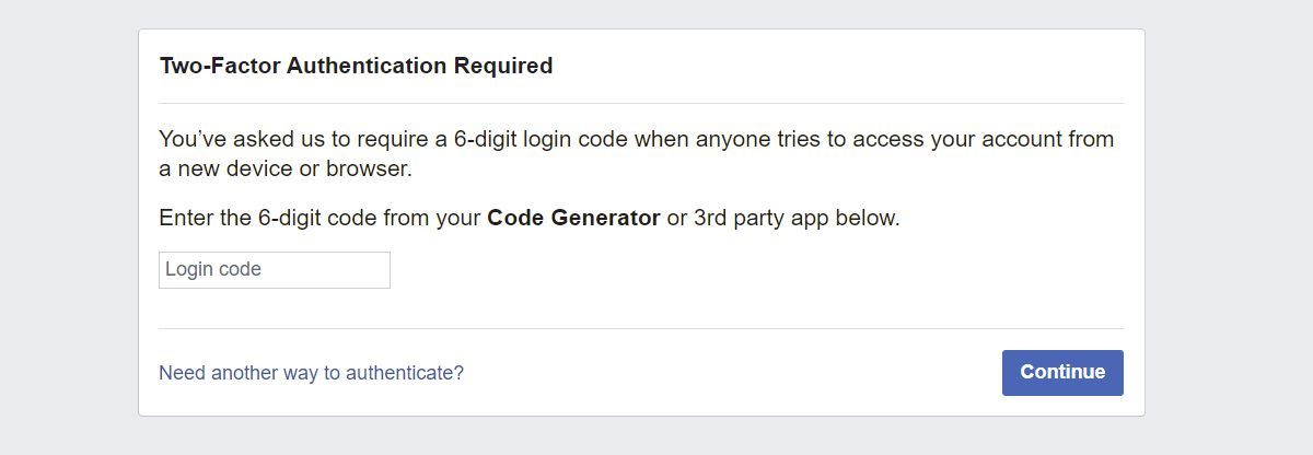 Facebook Two-Factor Authentication Required screen upon trying to log in.