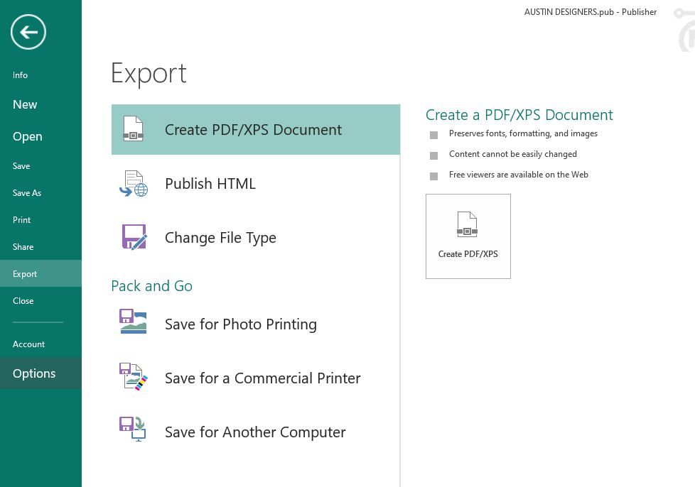Microsoft Publisher Export option on main menu