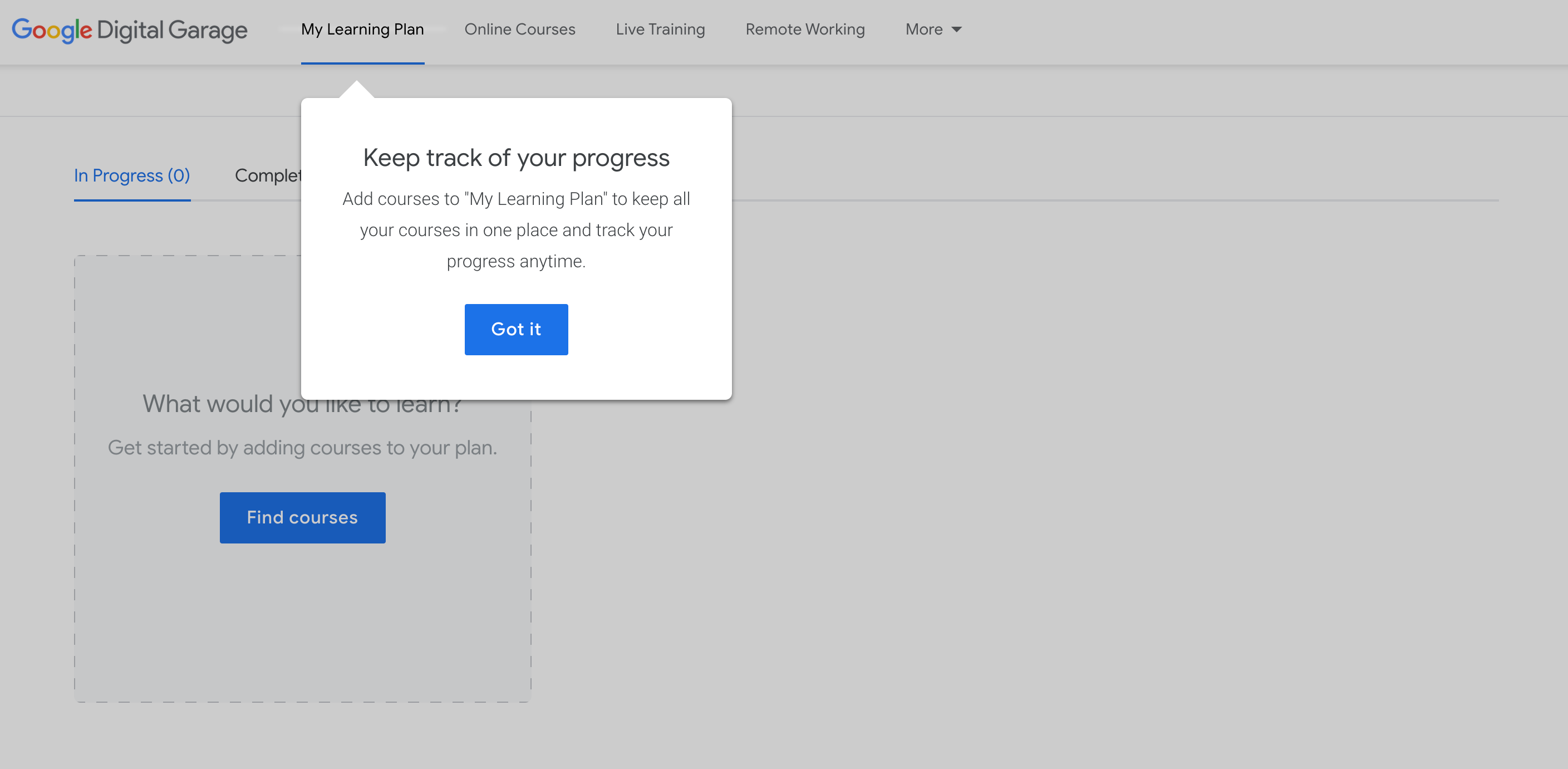 Google Digital Garage: Wie Google Ihnen helfen kann, Ihre digitalen Fähigkeiten zu verbessern - Google Garage Progress Screen