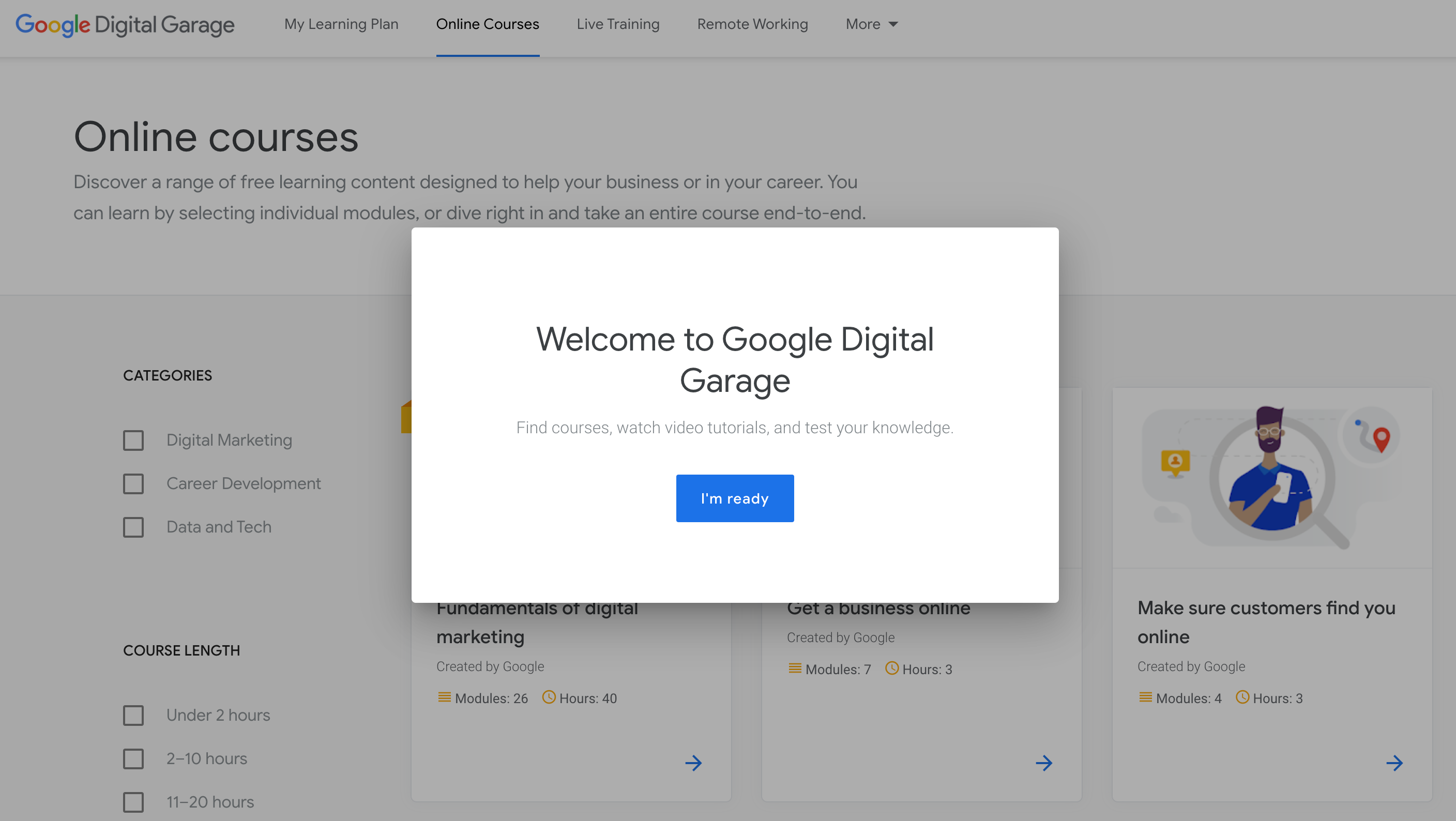 Google Digital Garage Welcome Screen