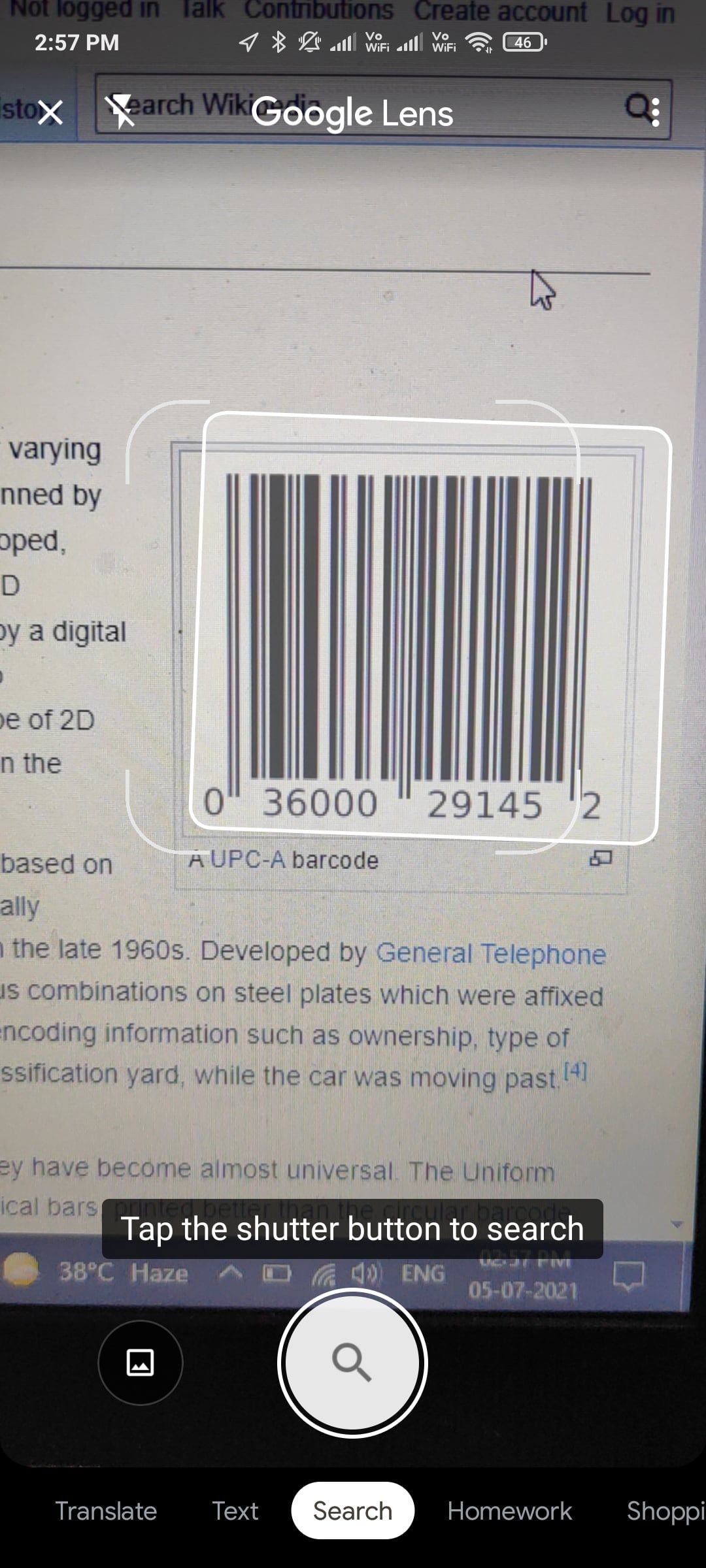 Google Lens picking out a barcode