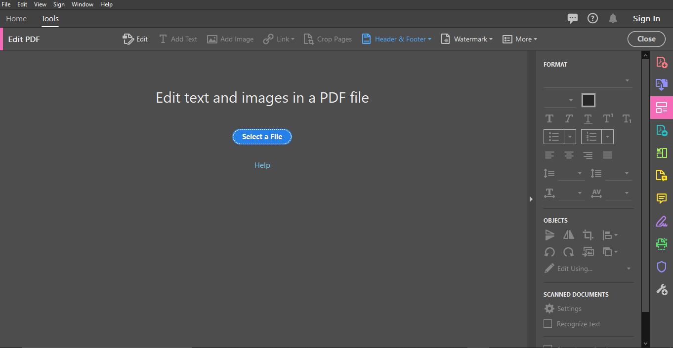 Edit PDF toolbar Headers and Footers option