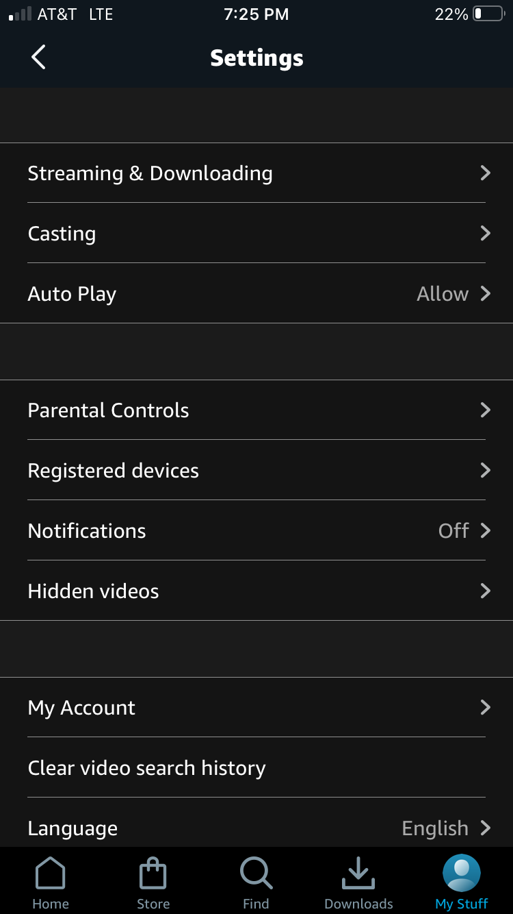 Accessing settings in Prime Video app